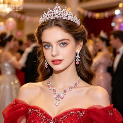 Kamirola Tiaras and Crowns for Women,Tiaras Earrings Necklace, Crystal Bridal Jewelry Set, Costume Party Halloween Prom Pageant Jewelry for Women(TR45) - color: Pink & Silver