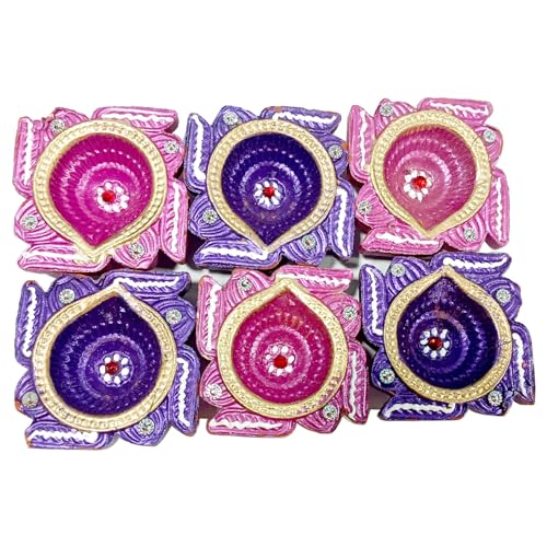 Set of 6 Traditional Desing This Colorful Diya has Been Used for Diwali for Centuries Dipawali Special Colorful Clay Diya Perfect Decoration for Mandir Pooja Room and All Festivals Like Diwali