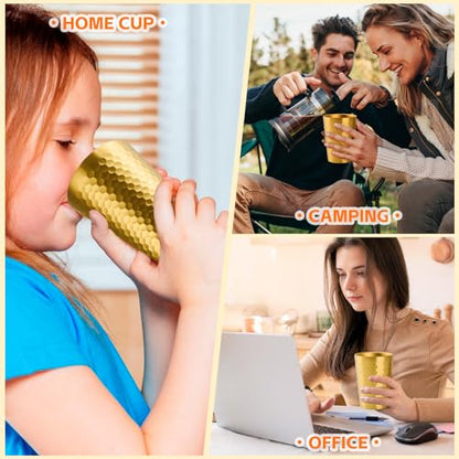 10 Pack 12 oz Stainless Steel Insulated Cup, Honeycomb Double Wall Vacuum Small Metal Cup, Reusable Camping Cups Unbreakable Indoor Outdoor for Party, Home, Office, BBQ, Gold - size: 10PC