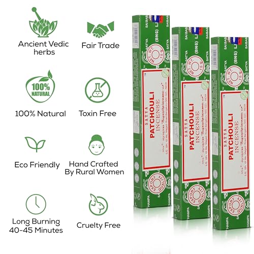 Satya Patchouli Incense Sticks, Satya Bng (Bangalore) Insenses 15gmx3 Pack (45 GMS) with Raajsee Incense Holder Bundle, Satya Nagchampa Natural Incense - color: Patchouli