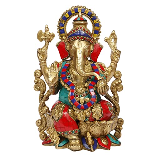 Liv Brass Lord Ganesha Statue 12.5 Inch Large, Ganesh Idol with Stonework Finish, Easter Decor House Warming Gifts Religious Sculptures Return Home Temple - color: Art Deco 5