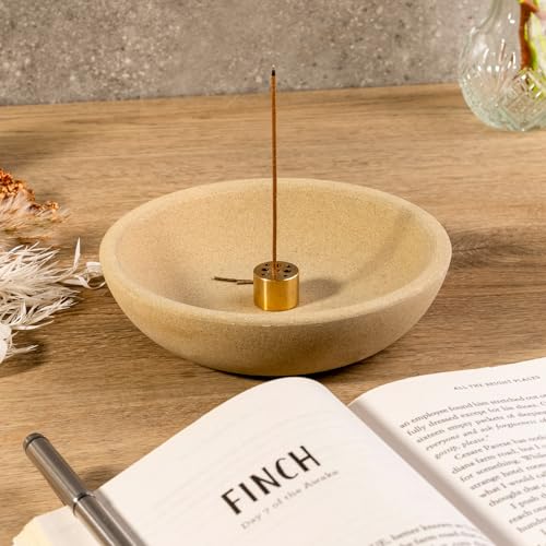 Koville Natural Marble Incense Holder, Incense Holder for Sticks with 9 Holes, Handmade Incense Burner Ash Catcher for Meditation Yoga SPA, Balsam Fir/Palo Santo/Sage/Cone (Sandstone-Brown) - color: D=150-sandstone