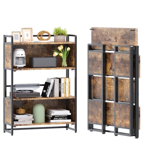 Folding Bookshelf 4 Tiers No Assembly Vintage Wood Storage,Rustic Brown - color: Rustic Brown-kqw, size: 4-tier