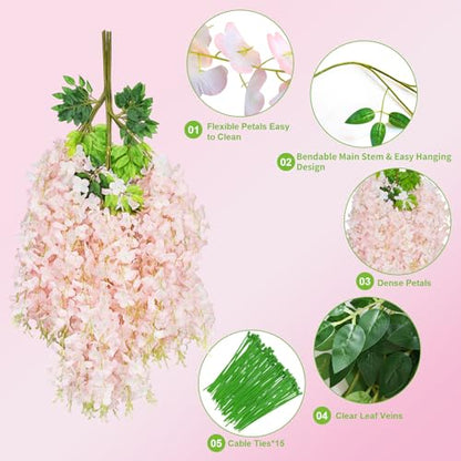 Wisteria Hanging Flowers, 12 Pcs Artificial Wisteria Garland Flower Vines - color: Light Pink, size: 12 Pack