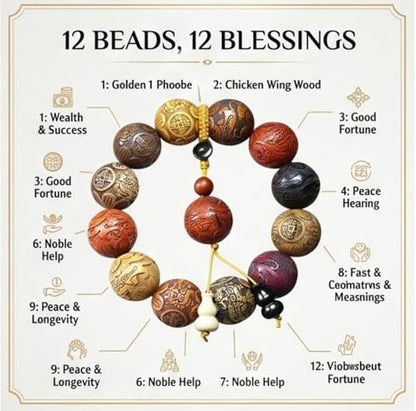 Pear Wood Buddha Beads Mala Bracelet Hand Carved Wooden Beads with Luminous Jade Lucky Charms Wealth Attracting Buddhist Prayer Bracelet for Men and Women Healing Energy Running Ring - color: Multicolor
