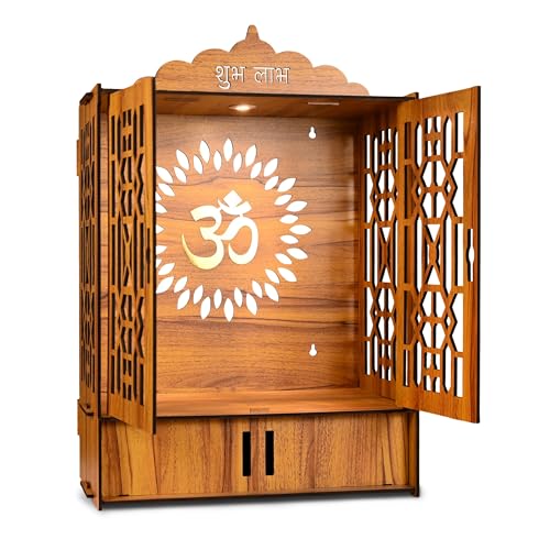 Wooden Pooja Mandir with Golden Om, Laser Cut Design, Light Weight, 21.2 inches high x 16.5 inches Wide x 10.2 inches deep
