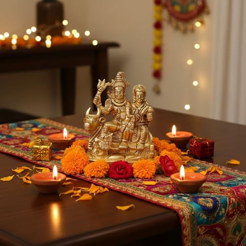 LOVENSPIRE Brass Shiv Parivar Idol Statue Hindu God Shiva Parvati Ganesha Kartikeya Nandi Family Murti Sculpture - Pooja Home Temple Mandir Decor - Decorative Showpiece Housewarming Gift (3.7 Inches)