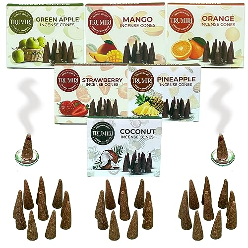 Trumiri Fruity Incense Cones - Variety Pack - Total 60 Cone Incense (6 Scents x 10 Conos) - Strawberry, Coconut, Pineapple, Apple, Mango, Orange - Cone Incense Scents - Insense Cones - Incent Cone - color: Fruity