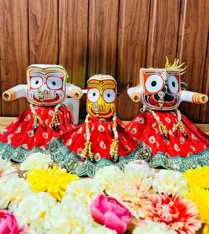 Jagannath Ji Deity Dress Set – 5 Inch Red & Green poshak with zari lace for Lord Jagannath, Lord Balarama & Goddess Subhadra (Red and Green) - color: Red and Green