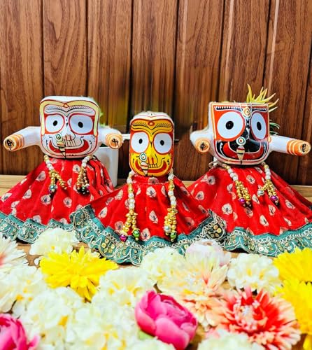 Jagannath Ji Deity Dress Set – 5 Inch Red & Green poshak with zari lace for Lord Jagannath, Lord Balarama & Goddess Subhadra (Red and Green) - color: Red and Green