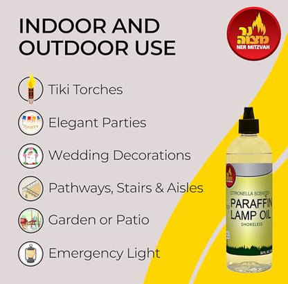 Ner Mitzvah Citronella Scented Lamp Oil, 32 Ounce Smokeless and Odorless Insect and Mosquito Repellent Paraffin Lamp Oil for Indoor and Outdoor Lanterns, Torches and Oil Candle - size: 32 Ounces