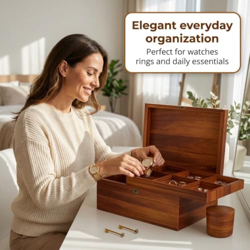 LUSH & STYLE Acacia Wooden Box, Keepsake With Hinged lid and locking keys, Decorative, Memory, Wooden Storage Boxes, Customizable With Adjustable Tray,keepsake trunk (Divider Model) Large 11x9x5 Inch - style: Modern