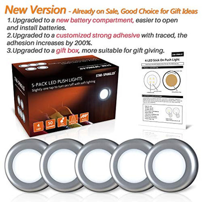 STAR-SPANGLED 5 Pack 2.8” Push Tap Lights, Stick on Touch Puck Lights AAA Battery Operated, LED Sticky Button Lights for Classroom, Kitchen, Under Cabinet, Closet (Sliver, Cool White) - color: Silver - White
