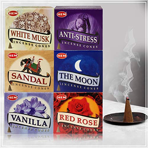 Hem Incense Cones Variety Pack #6 and Cone Incense Burner Bundle with 6 Most Admired Fragrances - color: Popular 6d
