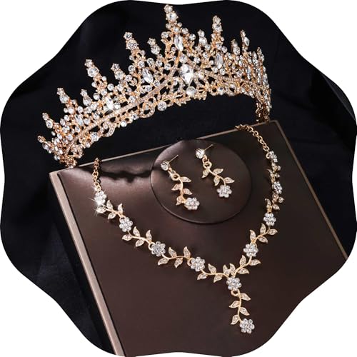 Kamirola Tiaras and Crowns for Women,Tiaras Earrings Necklace, Crystal Bridal Jewelry Set (TR48) - color: Gold White