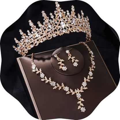 Kamirola Tiaras and Crowns for Women,Tiaras Earrings Necklace, Crystal Bridal Jewelry Set (TR48) - color: Gold White