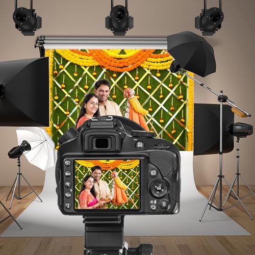 12x10ft India Pooja Photography Backdrop Yellow Flower Green Flower Wall Hindu Photography Background Indian Wedding Puja Ganpati Pooja Traditional Mehndi Festival for Kids Adult Studio Video - size: 12x10ft