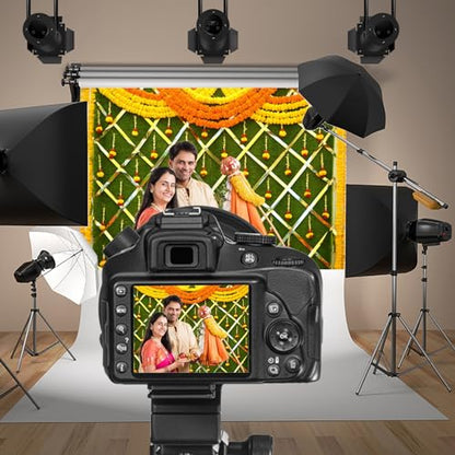 8x6ft India Pooja Photography Backdrop Yellow Flower Green Flower Wall Hindu Photography Background Indian Wedding Puja Ganpati Pooja Traditional Mehndi Festival for Kids Adult Studio Video - size: 8x6ft-polyster