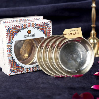 Craftsman SATVIK 6 Pc Set Pure Brass Pujan Prasad Bhog Thali Mandir Temple Indian Hindu Rituals Diwali Festive Kahnaji Bhog Puja Plate Indian Housewarming Return Gift Items Bulk