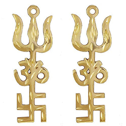 Divya Mantra Trishakti Yantra Trishul Om Swastika Decorative Spiritual Vastu Items Brass Indian Hindu Religious Wall Home Decor Kitchen Pooja Mandir Temple Hanging Good Luck Showpiece Set of 2 - Gold