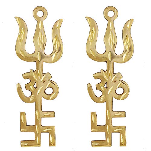 Divya Mantra Trishakti Yantra Trishul Om Swastika Decorative Spiritual Vastu Items Brass Indian Hindu Religious Wall Home Decor Kitchen Pooja Mandir Temple Hanging Good Luck Showpiece Set of 2 - Gold