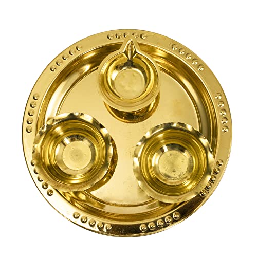 Spillbox Traditional Handcrafted Ganesha Brass Puja | Pooja Thali | Arati | Arathi | Arthi | Arti | Arathi | Bartan Thambulam Plate 2bowls 1 Diya (Small)
