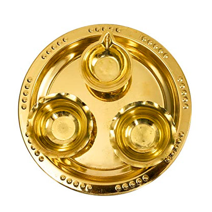 Spillbox Traditional Handcrafted Ganesha Brass Puja | Pooja Thali | Arati | Arathi | Arthi | Arti | Arathi | Bartan Thambulam Plate 2bowls 1 Diya (Small)