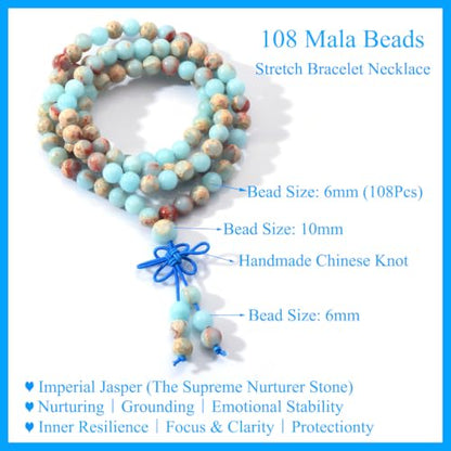 108 Mala Beads Stretch Bracelet 6mm Natural Gemstone Prayer Beaded Necklace - color: Blue Imperial Jasper
