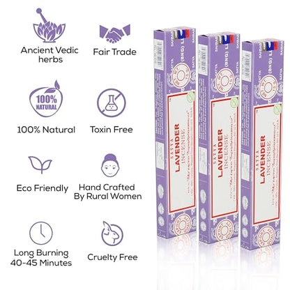 Satya Lavender Incense Sticks, Satya Bng (Bangalore) Insenses 15gmx3 Pack (45 GMS) with Raajsee Incense Holder Bundle, Satya Nagchampa Natural Incense - color: Lavender