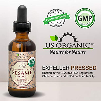 US Organic Sesame Seed Oil, USDA Certified Organic, Untoasted, Unrefined Virgin, 100% Pure & Natural, Cold Pressed, in Amber Glass Bottle w/Glass Eye dropper, Sourced from Mexico (4 oz (Large)) - size: 4 Fl Oz (Pack of 1)