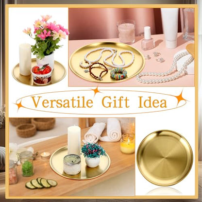 4 Pcs Gold Tray, Round Gold Tray Decorative Serving Jewelry Bar Jewelry Dish Key Bowl Mirror Dresser Decoration Vanity Trays Makeup Organizer for Bathroom Candle Perfume Countertop (9 Inch)