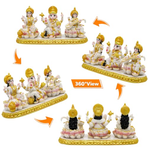Indian Ganesha Lakshmi Saraswati Statue - 3.9”H Hindu God Ganpati Laxmi for Car Dashboard Decor India Murti Diwali Pooja Gifts for Indian Family Frined Home Office Temple Mandir Altar Puja Item