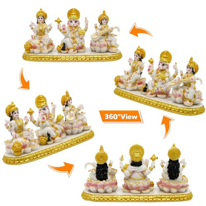 Indian Ganesha Lakshmi Saraswati Statue - 3.9”H Hindu God Ganpati Laxmi for Car Dashboard Decor India Murti Diwali Pooja Gifts for Indian Family Frined Home Office Temple Mandir Altar Puja Item