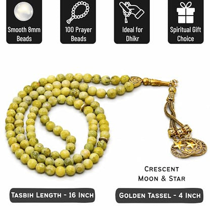 Amazing Gemstone Crystal Tasbeeh with Moon and Star Charm - Certified Crystal Muslim Prayer Beads Natural Gemstone Tasbih Gift for Ramadan Dhikr and Daily Namaz (G) - color: Serpentine