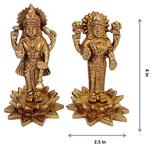 Purpledip Purledip Brass Idols Vishnu Laxmi On Lotus: Glorious Statue Set for Home Temple Or Display Collection (12644)
