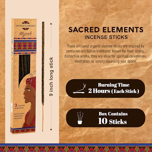 Sacred Elements Myrrh Incense Sticks–10 Pack, 9” Long Burning (Up to 2 Hours Each) | Hand-Rolled Organic Incense Stick for Meditation, Yoga, Relaxation & Home Fragrance | Low Smoke, Long-Lasting Aroma - size: 10 Sticks