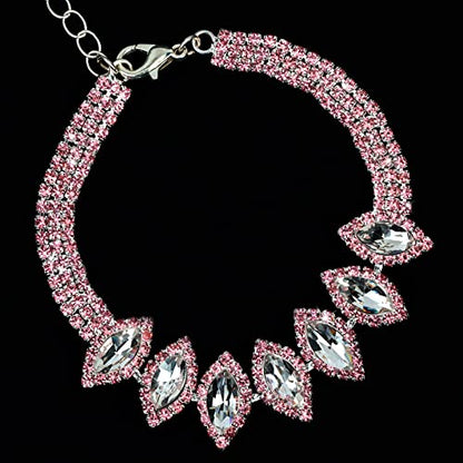 CIEHER 4/5 Pieces Women Jewelry Set - Rhinestone Crown + Drop Necklace + Elegant Bangle Bracelet + Crystal Teardrop Dangle Earrings for Bridal Wedding Party - color: Pink