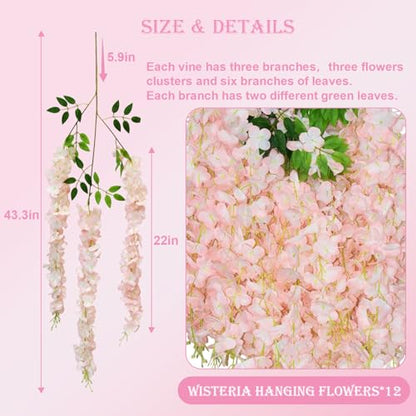 Wisteria Hanging Flowers, 12 Pcs Artificial Wisteria Garland Flower Vines - color: Light Pink, size: 12 Pack