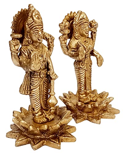 Purpledip Purledip Brass Idols Vishnu Laxmi On Lotus: Glorious Statue Set for Home Temple Or Display Collection (12644)
