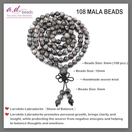 AD Beads 6mm 8mm 108 Prayer Mala Jasper Elastic Bracelet - Handmade Yoga Meditation Healing Power Energy Gifts for Unisex Adult. - color: Larvikite Labradorite(Balance )