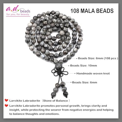 AD Beads 6mm 8mm 108 Prayer Mala Jasper Elastic Bracelet - Handmade Yoga Meditation Healing Power Energy Gifts for Unisex Adult. - color: Larvikite Labradorite(Balance )