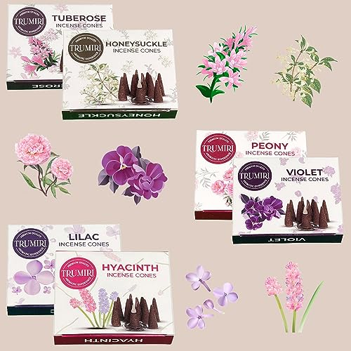 TRUMIRI Blossom Incense Cones - Variety Pack - Total 60 Cone Incense (6 Scents x 10 Conos) - Peony, Lilac, Violet, Honeysuckle, Hyacinth, Tuberose - Cone Incense Scents - Insense Cones - Incent Cone - color: Blossom