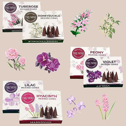 TRUMIRI Blossom Incense Cones - Variety Pack - Total 60 Cone Incense (6 Scents x 10 Conos) - Peony, Lilac, Violet, Honeysuckle, Hyacinth, Tuberose - Cone Incense Scents - Insense Cones - Incent Cone - color: Blossom