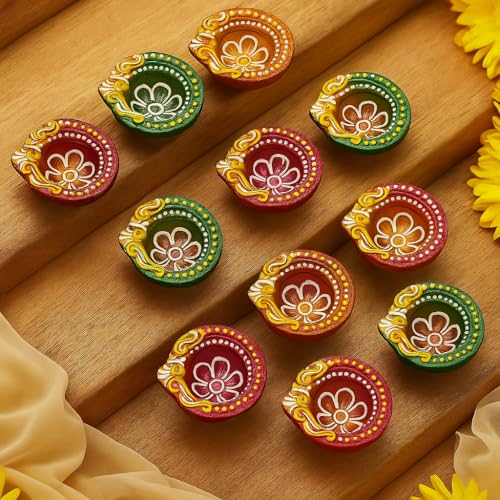12 Pc Set Handcrafted Multicolor OM Symbol and Cotton Wicks Clay Diya, Handmade Terracotta Diyas Festive Decor for Diwali, Thanksgiving & Indian Pooja - Natural Earthen Gift for Home & Celebrations