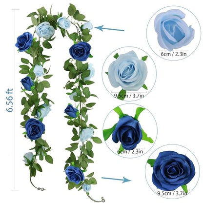 GREENTIME 2Pack 6.5FT Mixed Blue Artificial Flower Garland Fake Rose Vines - color: Light Sapphire Blue