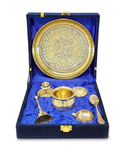 NOBILITY Brass Pooja Thali Set with Blue Gift Box 6 Inch Pital Plate Kalash Spoon Chandan Wati Dhup Dan Kuber Diya Ghanti Puja Arti Thali for Diwali Home Office Mandir Wedding Return Gifts - color: Puja Set With Blue Box