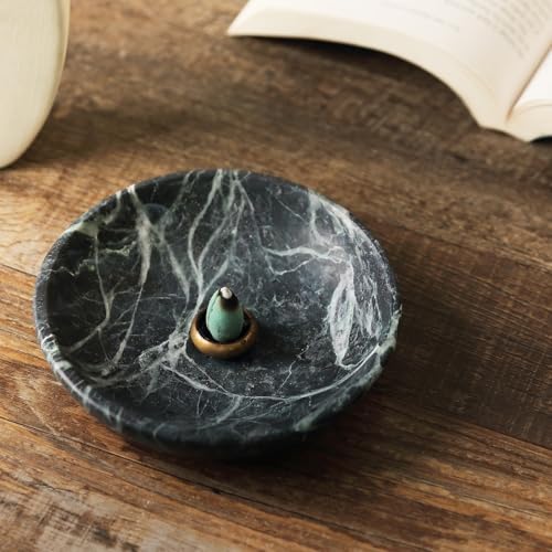 Koville Natural Marble Incense Holder, Incense Holder for Sticks with 9 Holes, Handmade Incense Burner Ash Catcher for Meditation Yoga SPA, Balsam Fir/Palo Santo/Sage/Cone (Green) - color: D=150-alpi Green
