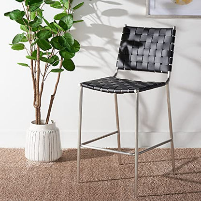 SAFAVIEH Home Collection Bahari Black Woven Leather/Silver 26-inch Kitchen Island Breakfast Nook Counter Stool (Fully Assembled) - color: Black/Silver