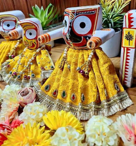 Jagannath Ji Deity Dress Set – 5 Inch Yellow & Golden poshak with zari lace for Lord Jagannath, Lord Balarama & Goddess Subhadra (Yellow and Golden) - color: Yellow and Golden