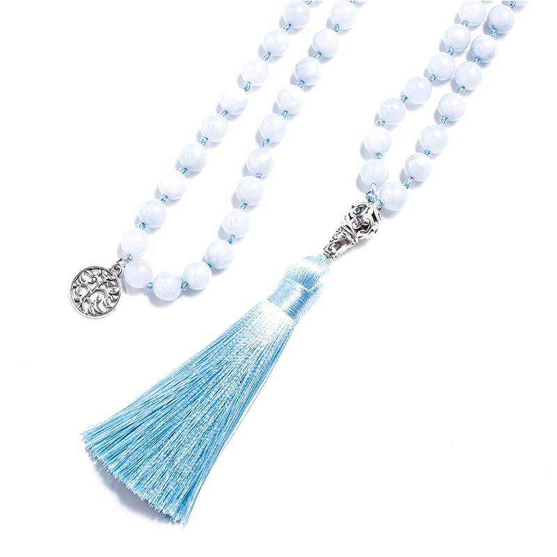 108 Mala Prayer Beads Necklace Natural Stones Meditation Yoga Jewery 108 Hand Knotted Japa Mala Beaded Long Tassel Necklace with Tree of Life Pendant for Men and Women - color: Aquamarine